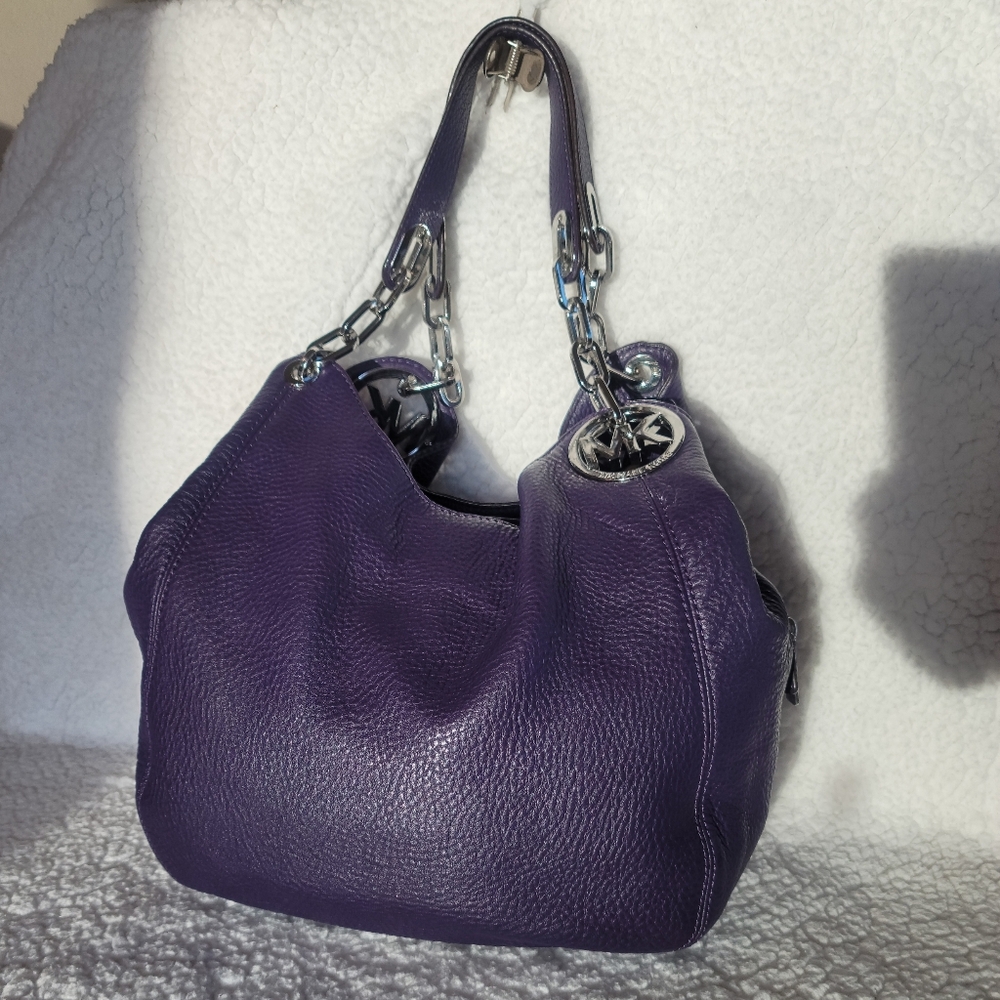 Michael Kors Fulton Large Chain Shoulder Tote Iris Purple Leather Bag 398 NWT